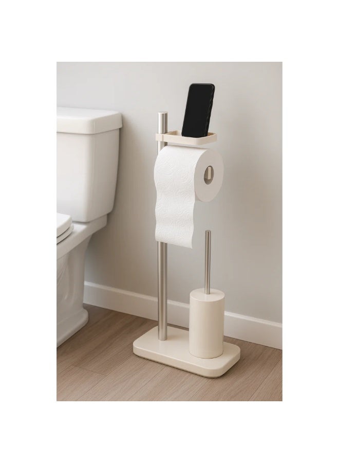 Primanova Freestanding Toilet Paper Holder with Toilet Brush and Storage Shelf, PP Plastic and Stainless Steel Bathroom Stand, Compact 75 cm Design (Beige) - Image 2