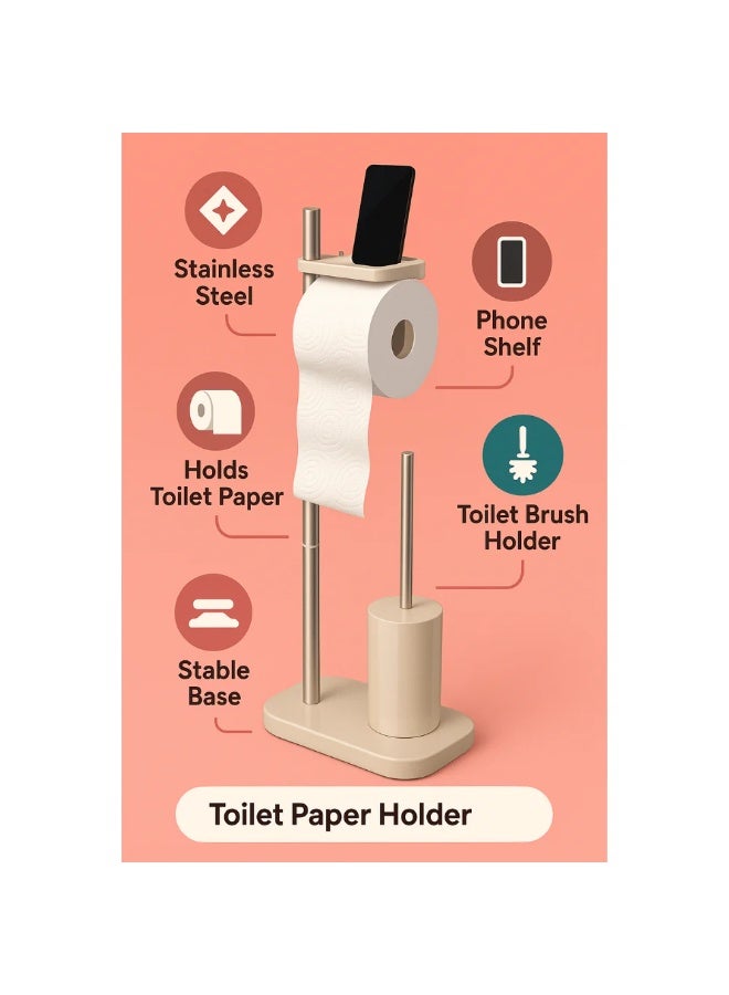 Primanova Freestanding Toilet Paper Holder with Toilet Brush and Storage Shelf, PP Plastic and Stainless Steel Bathroom Stand, Compact 75 cm Design (Beige) - Image 5