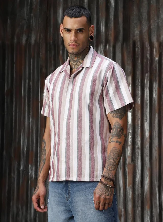 HIGH STAR Men Relaxed Fit Striped Casual Half Sleeve Shirt