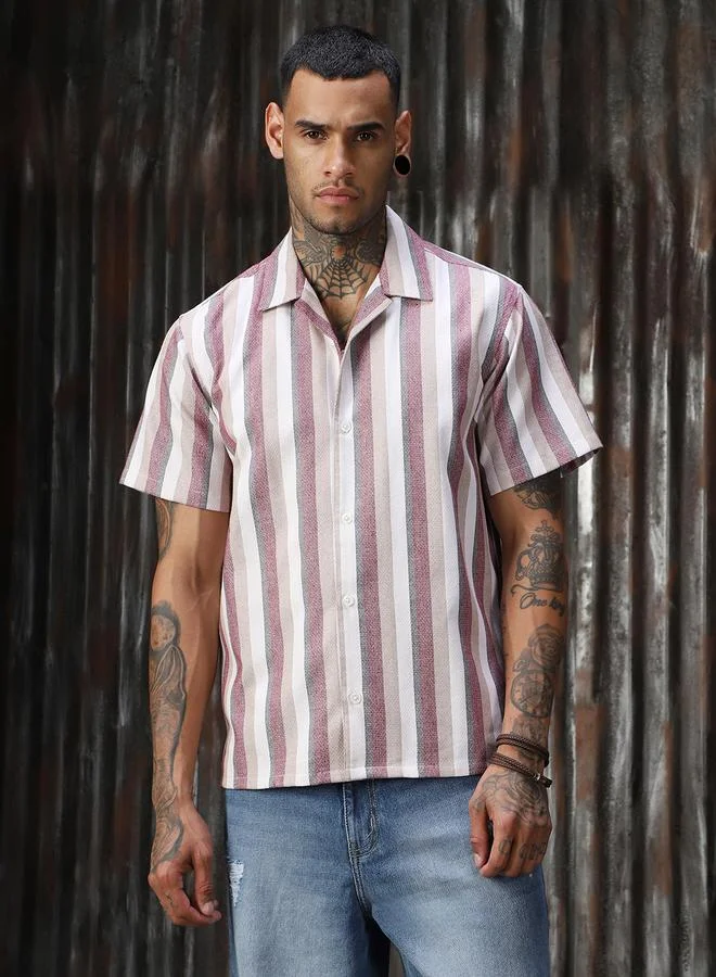 HIGH STAR Men Relaxed Fit Striped Casual Half Sleeve Shirt