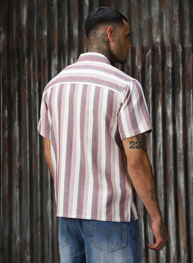 HIGH STAR Men Relaxed Fit Striped Casual Half Sleeve Shirt