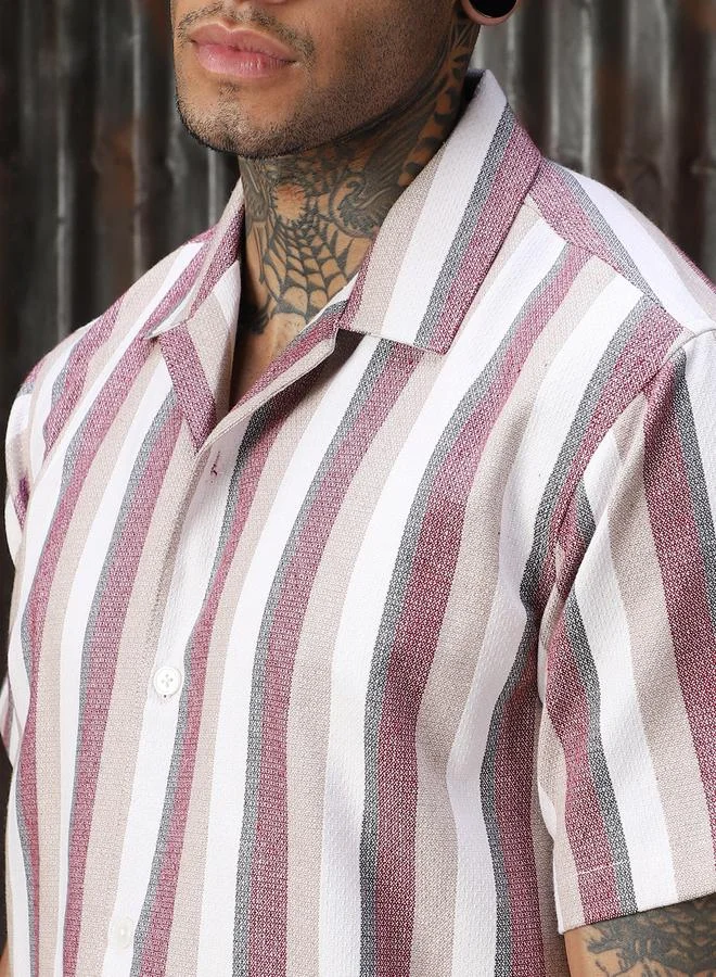 HIGH STAR Men Relaxed Fit Striped Casual Half Sleeve Shirt