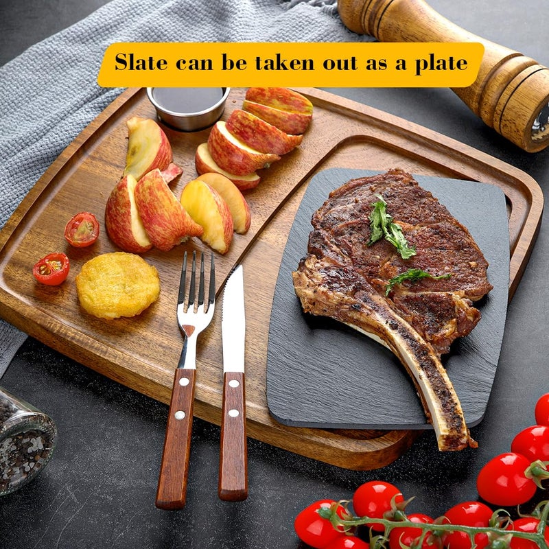 LiWiBet Acacia Wood Serving Plate with Sauce Cup & Removable Slate Insert for Meat Sausages Cheese, Steak Serving Tray Cutting Board Serving Platter Cheese Platter Perfect for Housewarming Christmas - Image 2