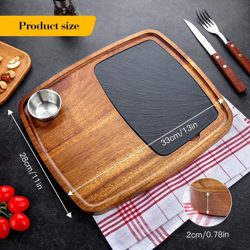 LiWiBet Acacia Wood Serving Plate with Sauce Cup & Removable Slate Insert for Meat Sausages Cheese, Steak Serving Tray Cutting Board Serving Platter Cheese Platter Perfect for Housewarming Christmas - Image 3