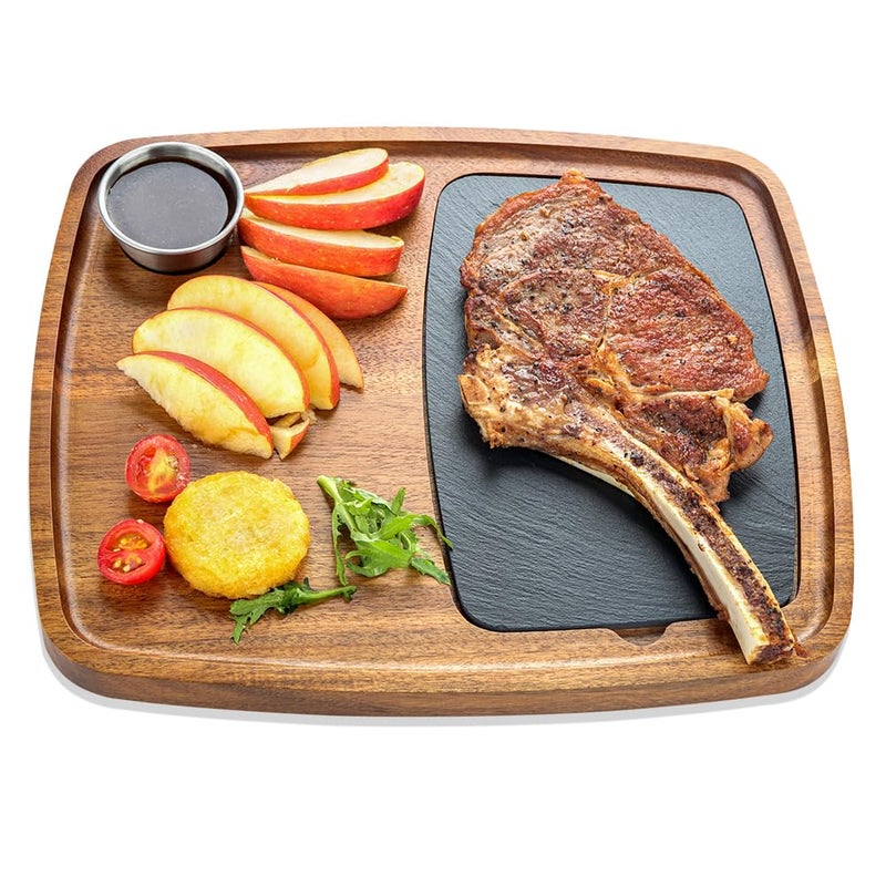 LiWiBet Acacia Wood Serving Plate with Sauce Cup & Removable Slate Insert for Meat Sausages Cheese, Steak Serving Tray Cutting Board Serving Platter Cheese Platter Perfect for Housewarming Christmas - Image 1