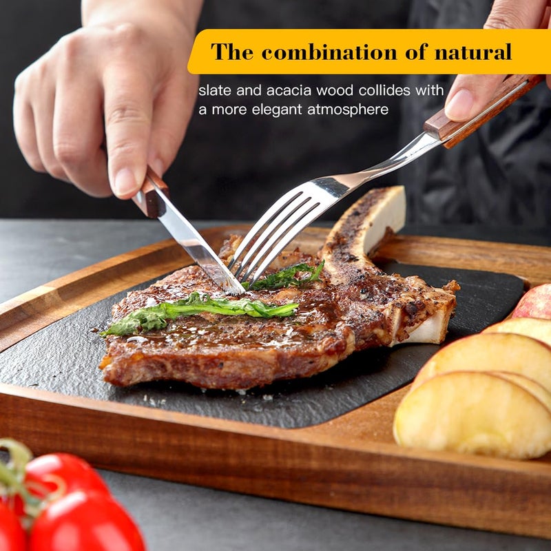 LiWiBet Acacia Wood Serving Plate with Sauce Cup & Removable Slate Insert for Meat Sausages Cheese, Steak Serving Tray Cutting Board Serving Platter Cheese Platter Perfect for Housewarming Christmas - Image 4
