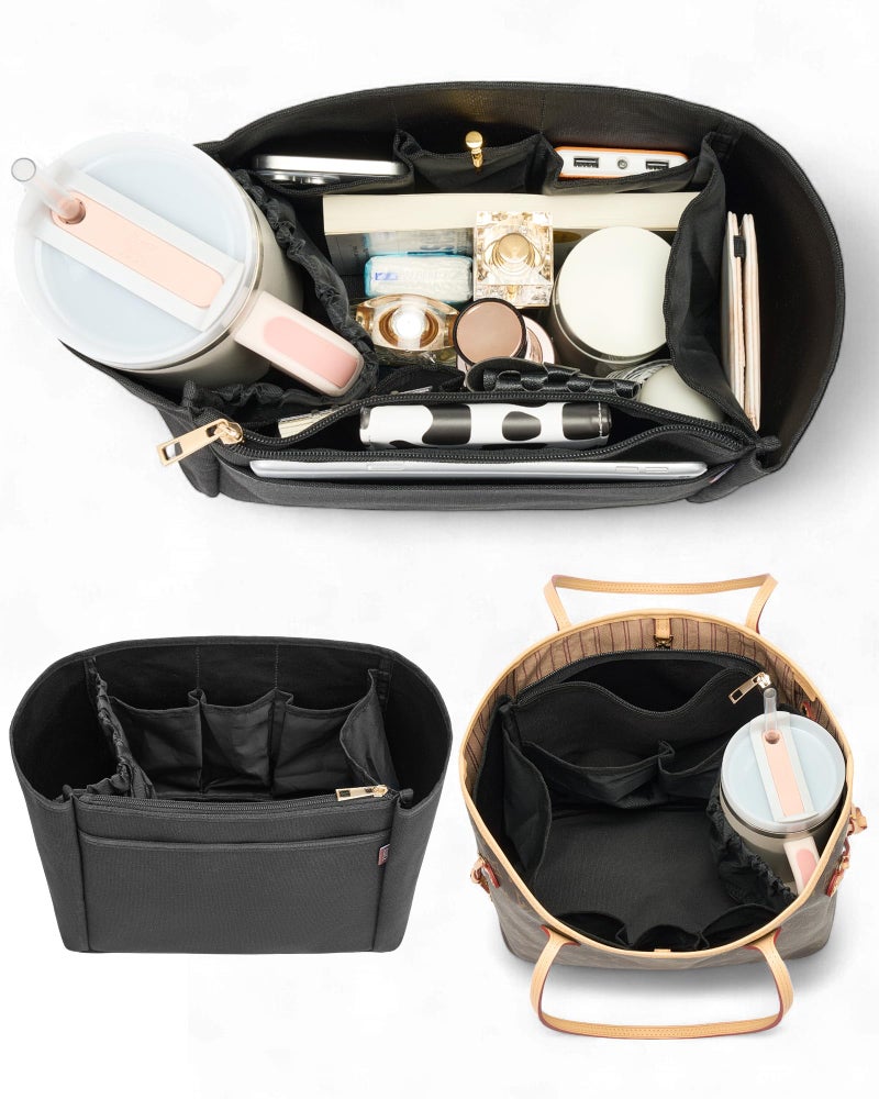 TOVICE Tote Bag Organizer Insert with Stanley Cup Holder and Zipper Bag Compatible with Neverfull Saint Louis and More 9 Pockets Black XLarge - Image 2