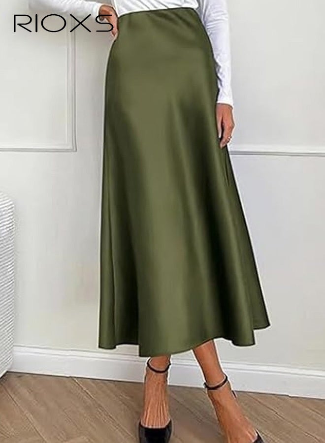 RIOXS Women's Satin A Line Midi Skirt, Dressy Flowy High Waisted Cocktail Wedding Skirt, Casual Fall Summer Vacation Outfits for Ladies - Image 1