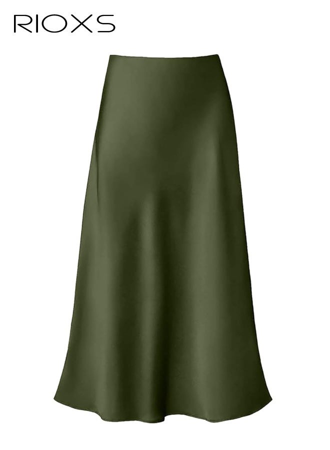RIOXS Women's Satin A Line Midi Skirt, Dressy Flowy High Waisted Cocktail Wedding Skirt, Casual Fall Summer Vacation Outfits for Ladies - Image 2