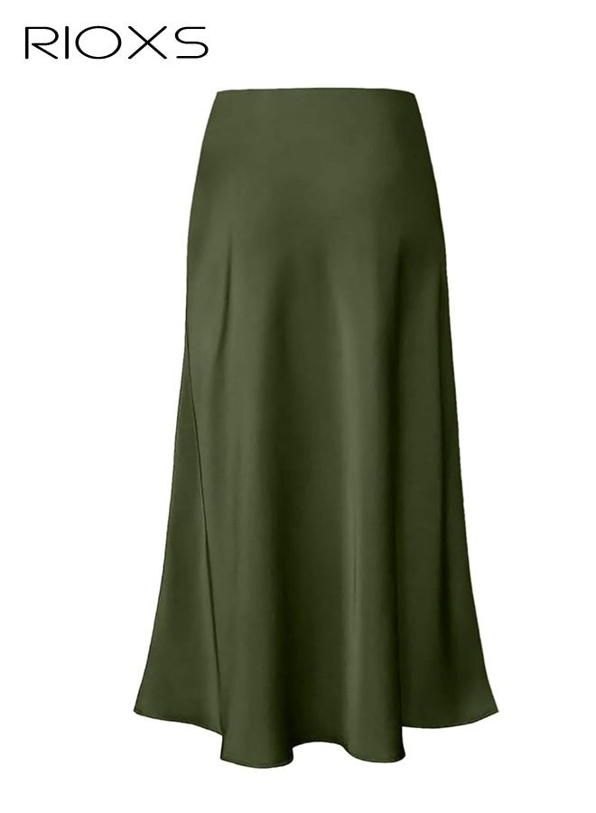 RIOXS Women's Satin A Line Midi Skirt, Dressy Flowy High Waisted Cocktail Wedding Skirt, Casual Fall Summer Vacation Outfits for Ladies - Image 3