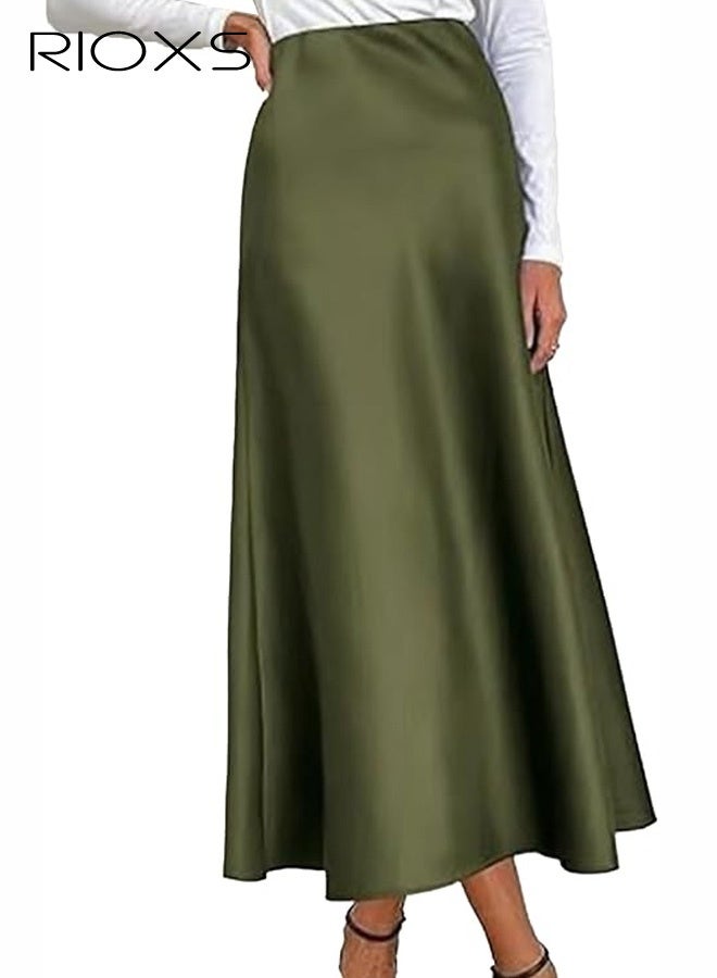 RIOXS Women's Satin A Line Midi Skirt, Dressy Flowy High Waisted Cocktail Wedding Skirt, Casual Fall Summer Vacation Outfits for Ladies - Image 4