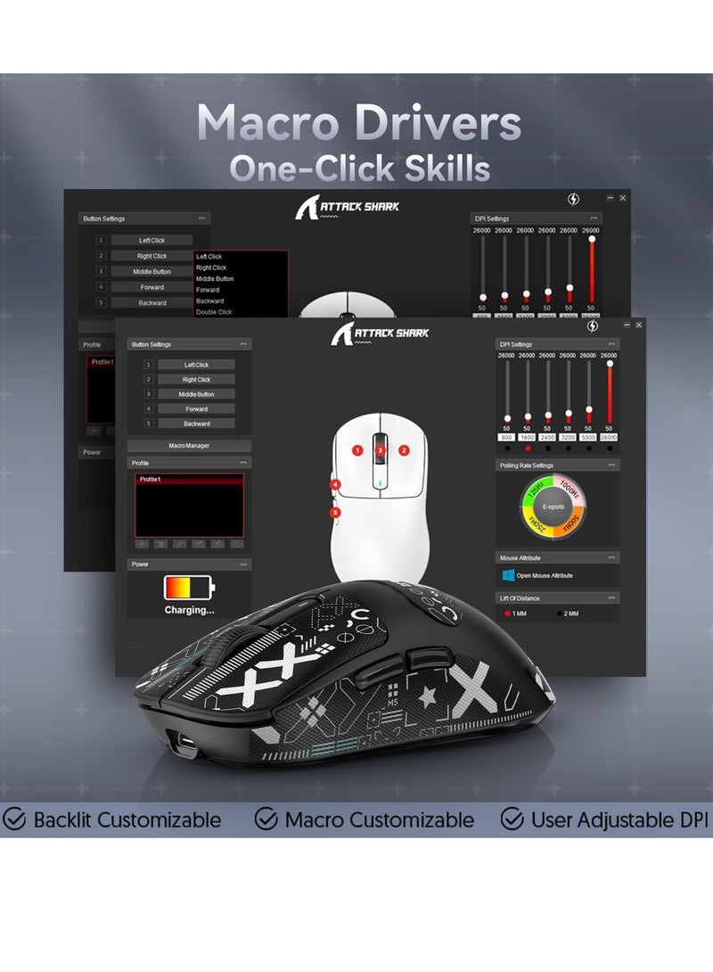 X3 Wireless Gaming Mouse, 49g Ultralight, PixArt PAW3395 26000 DPI, Bluetooth/2.4Ghz /Wired Tri-Mode, 200Hrs Rechargeable Battery, Kailh GM8.0 Switch for MAC/Win - Black&Tape