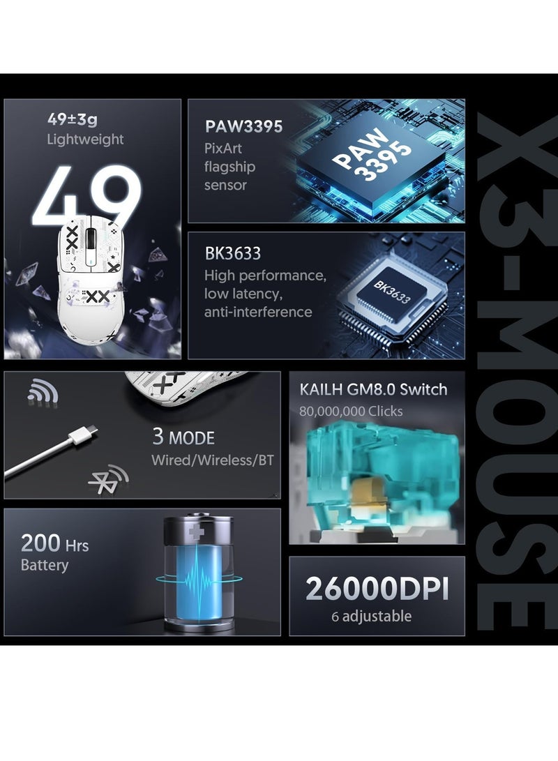 X3 Wireless Gaming Mouse, 49g Ultralight, PixArt PAW3395 26000 DPI, Bluetooth/2.4Ghz /Wired Tri-Mode, 200Hrs Rechargeable Battery, Kailh GM8.0 Switch for MAC/Win - Black&Tape