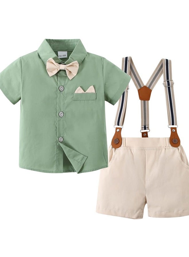 YALLET Toddler Baby Boy Outfits 1-5T Boys Suits Gentleman Short Sleeve Button Shirts+Bowtie+Suspender Shorts Formal Clothes, Light Green, 3-4 years - Image 1