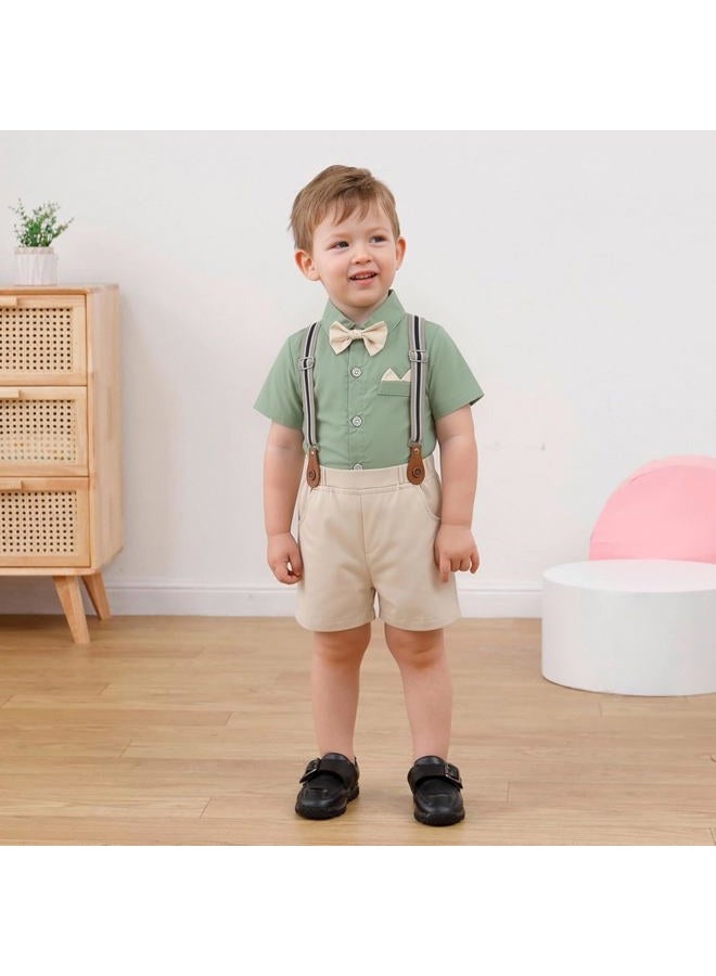 YALLET Toddler Baby Boy Outfits 1-5T Boys Suits Gentleman Short Sleeve Button Shirts+Bowtie+Suspender Shorts Formal Clothes, Light Green, 3-4 years - Image 2