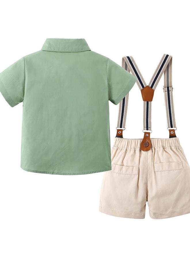 YALLET Toddler Baby Boy Outfits 1-5T Boys Suits Gentleman Short Sleeve Button Shirts+Bowtie+Suspender Shorts Formal Clothes, Light Green, 3-4 years - Image 3