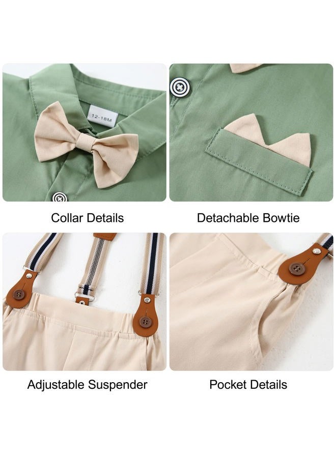 YALLET Toddler Baby Boy Outfits 1-5T Boys Suits Gentleman Short Sleeve Button Shirts+Bowtie+Suspender Shorts Formal Clothes, Light Green, 3-4 years - Image 4