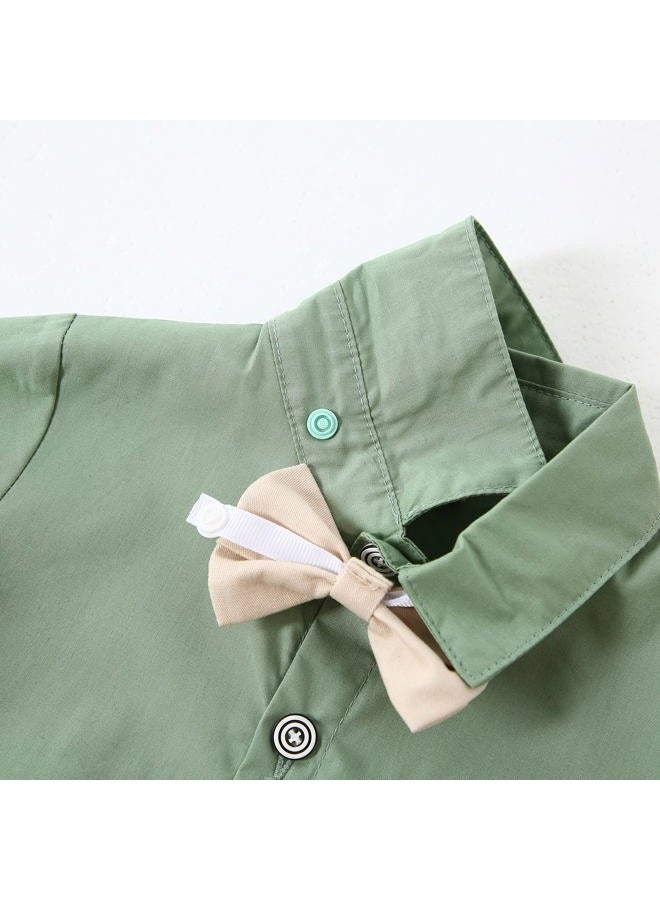 YALLET Toddler Baby Boy Outfits 1-5T Boys Suits Gentleman Short Sleeve Button Shirts+Bowtie+Suspender Shorts Formal Clothes, Light Green, 3-4 years - Image 5