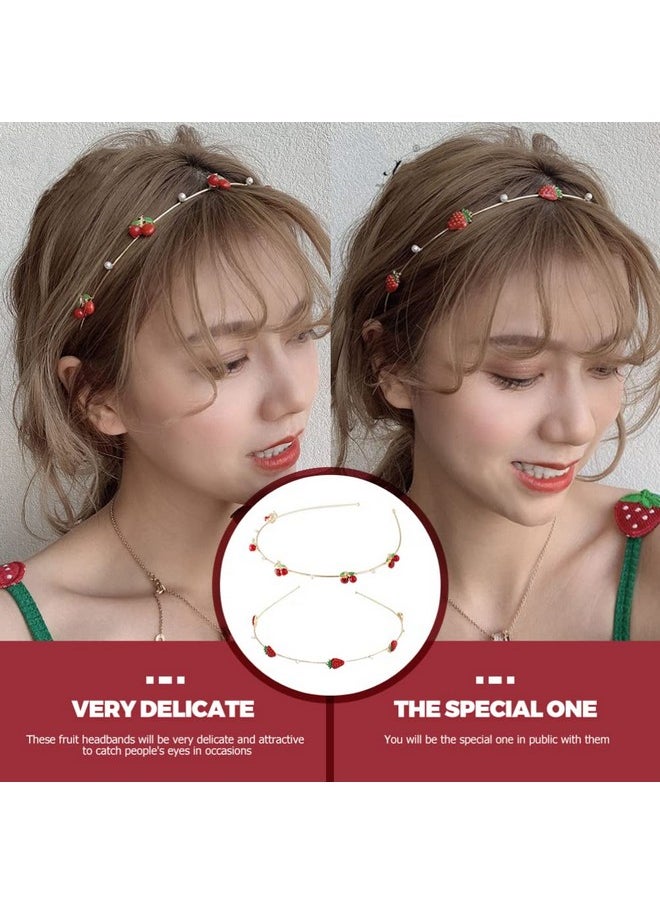 Beaupretty 2 Pieces Thin Satin Headbands Cherry Strawberry Headbands Cute Hair Hoops Fruit Headbands Hair Accessories For Girls Women  - Image 3