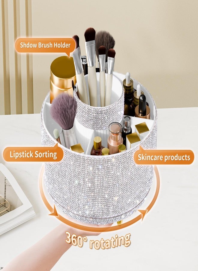 fanado Bling Diamond Makeup Brush Holder, 360° Rotating Makeup Organizer, 5 Slot Make up Brushes Cup for Countertop, Storage for Cosmetics Pen Eyeliner Skincare on the Vanity (Diamond white) - Image 2