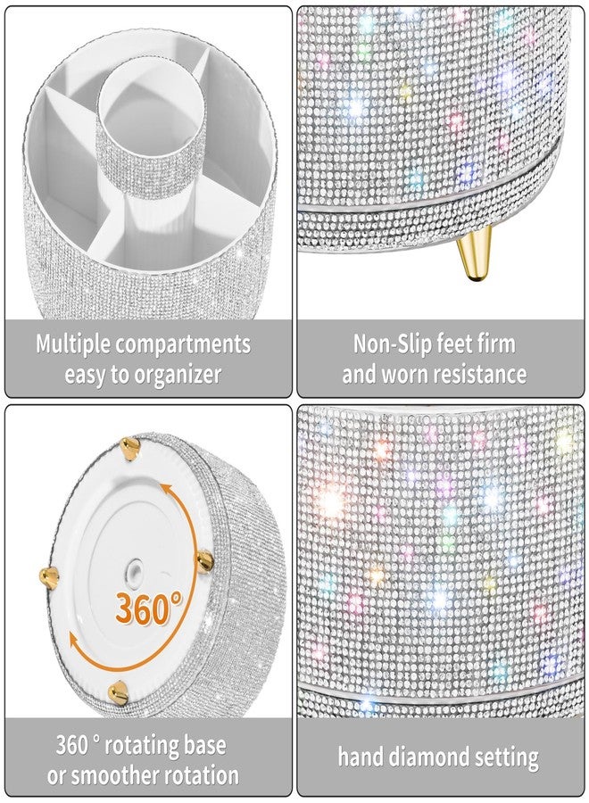 fanado Bling Diamond Makeup Brush Holder, 360° Rotating Makeup Organizer, 5 Slot Make up Brushes Cup for Countertop, Storage for Cosmetics Pen Eyeliner Skincare on the Vanity (Diamond white) - Image 3