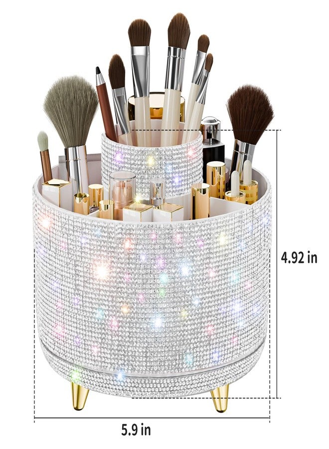 fanado Bling Diamond Makeup Brush Holder, 360° Rotating Makeup Organizer, 5 Slot Make up Brushes Cup for Countertop, Storage for Cosmetics Pen Eyeliner Skincare on the Vanity (Diamond white) - Image 4