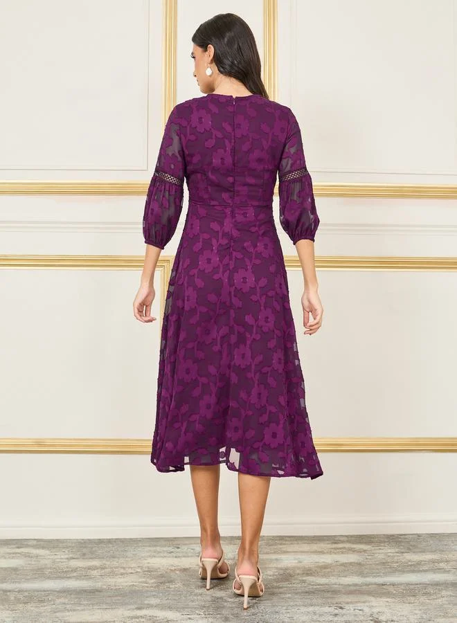 Styli Burnout Texture Lace Ladder Button Detail Midi Dress