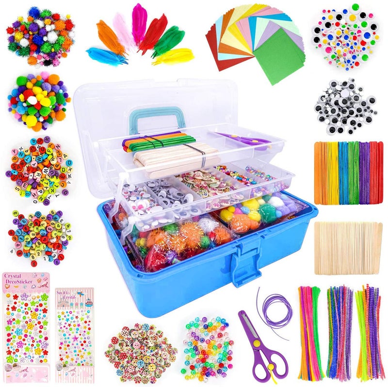 kortes 1405 Pcs Art and Craft Supplies for Kids, Toddler DIY Craft Art Supply Set Included Pipe Cleaners, Pom Poms, Feather, Folding Storage Box - All in One for Craft DIY Art Supplies (Blue) - Image 1