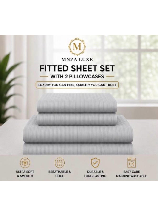 MNZA LUXE طقم شرشف سرير مطاطي من المايكروفايبر بتصميم خطوط 1 سم، يشمل شرشف سرير مطاطي واحد + 2 غطاء وسادة | فائق النعومة، قابل للتنفس ومقاوم للتجاعيد | لون رمادي فاتح - Image 4