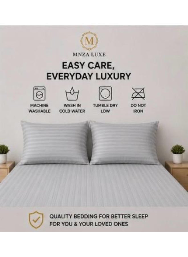 MNZA LUXE طقم شرشف سرير مطاطي من المايكروفايبر بتصميم خطوط 1 سم، يشمل شرشف سرير مطاطي واحد + 2 غطاء وسادة | فائق النعومة، قابل للتنفس ومقاوم للتجاعيد | لون رمادي فاتح - Image 3