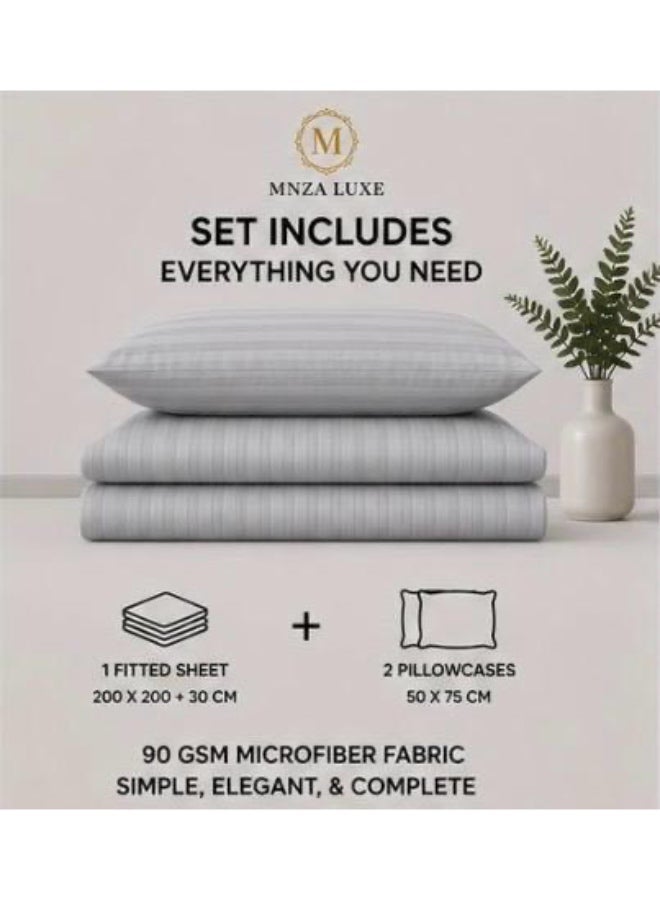 MNZA LUXE طقم شرشف سرير مطاطي من المايكروفايبر بتصميم خطوط 1 سم، يشمل شرشف سرير مطاطي واحد + 2 غطاء وسادة | فائق النعومة، قابل للتنفس ومقاوم للتجاعيد | لون رمادي فاتح - Image 2