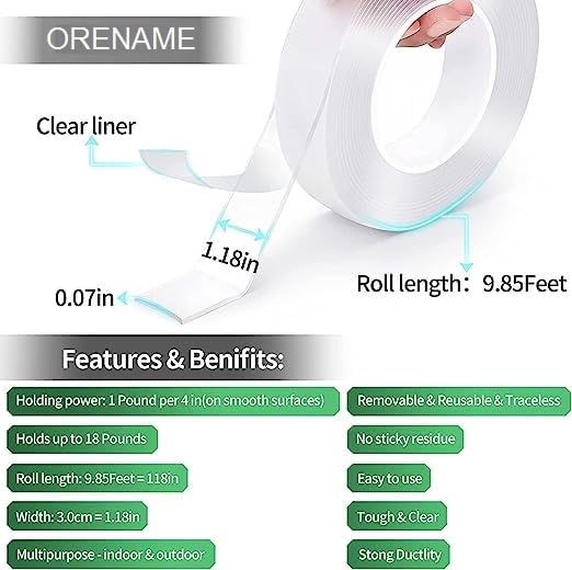 ORENAME ORENAME Jal Double Sided Tape Heavy Duty strong And Sticky Adhesive Reusable Strong Wall Tape Multipurpose Removable Clear & Tough Mounting Tape Picture Hanging Strips Poster Carpet Tape (1)  - Image 2