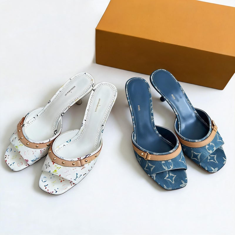 Embroidered Denim Print Kitten Heel Sandals - Image 1