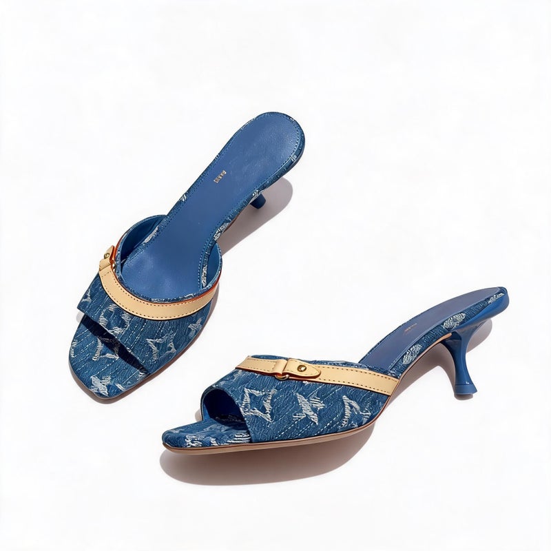 Embroidered Denim Print Kitten Heel Sandals - Image 2