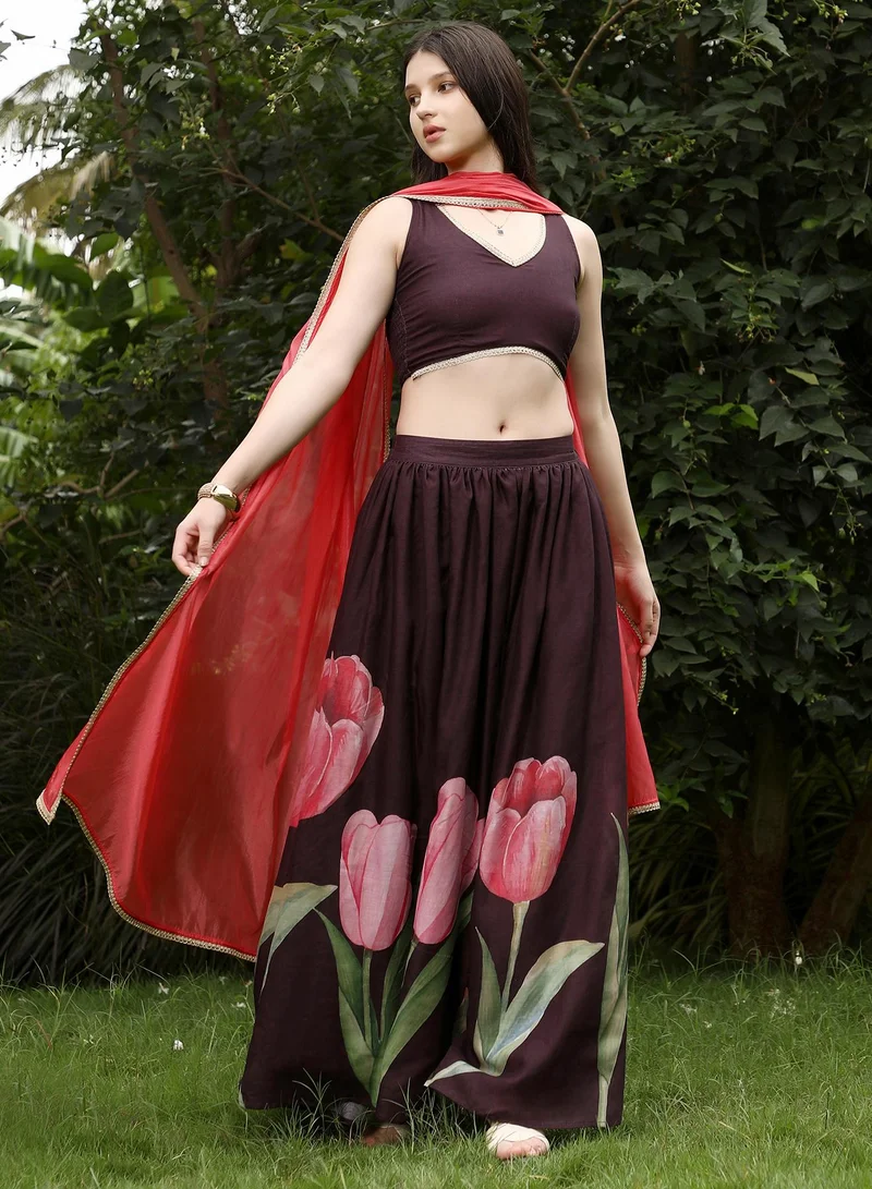 QISSA Qissa Women's Burgundy Red Foliage-Roses Imprint Co-Ord Set For Ethnic Wear | V-Neck, Sleeveless | Floral Print Plain Fabric | 3 Piece Co-Ords Designed For Evening & Party Wear