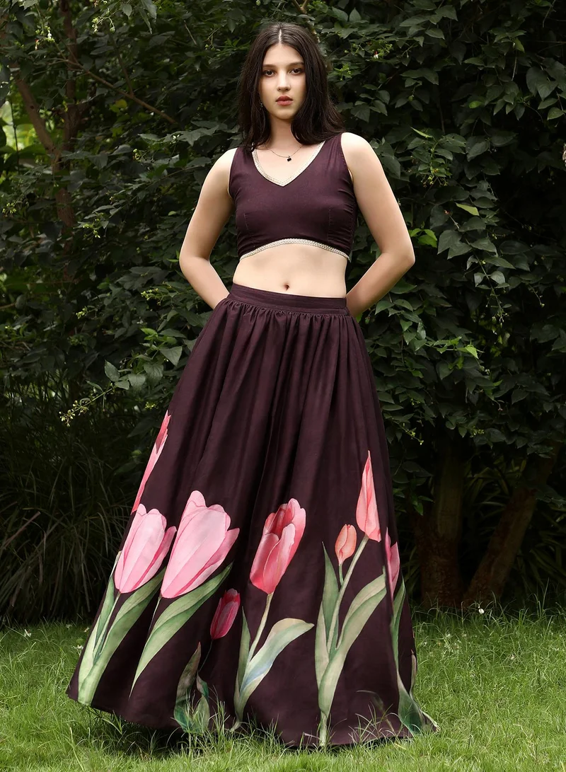 QISSA Qissa Women's Burgundy Red Foliage-Roses Imprint Co-Ord Set For Ethnic Wear | V-Neck, Sleeveless | Floral Print Plain Fabric | 3 Piece Co-Ords Designed For Evening & Party Wear