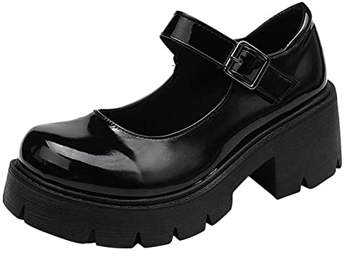 ACE SHOCK Women's Platform Mary Janes Chunky Heel Ankle Strap Uniform Dress Shoes Heeled Gothic Lolita Oxfords (5, Single Strap-Jet Black) - Image 1
