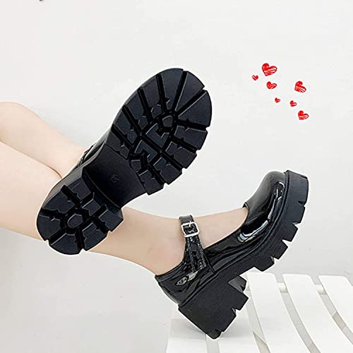 ACE SHOCK Women's Platform Mary Janes Chunky Heel Ankle Strap Uniform Dress Shoes Heeled Gothic Lolita Oxfords (5, Single Strap-Jet Black) - Image 5