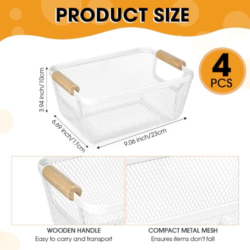 Ziliny 4 Pcs Metal Wire Basket with Wooden Handles Mesh Steel Storage Organizer Bin Containers for Home Organizing Cabinet Pantry Closet Kitchen Fridge Fruit Makeup Snacks GiftsSmallCream White - Image 3
