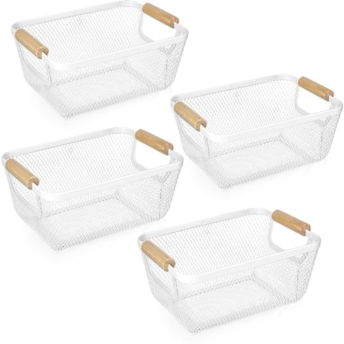 Ziliny 4 Pcs Metal Wire Basket with Wooden Handles Mesh Steel Storage Organizer Bin Containers for Home Organizing Cabinet Pantry Closet Kitchen Fridge Fruit Makeup Snacks GiftsSmallCream White - Image 1