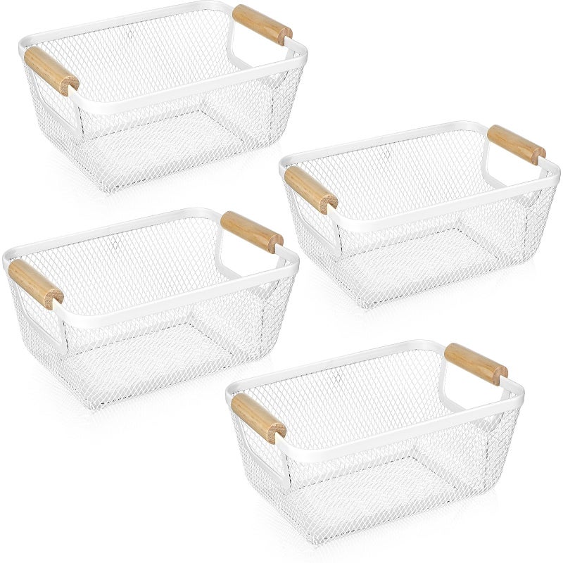 Ziliny 4 Pcs Metal Wire Basket with Wooden Handles Mesh Steel Storage Organizer Bin Containers for Home Organizing Cabinet Pantry Closet Kitchen Fridge Fruit Makeup Snacks GiftsSmallCream White - Image 2
