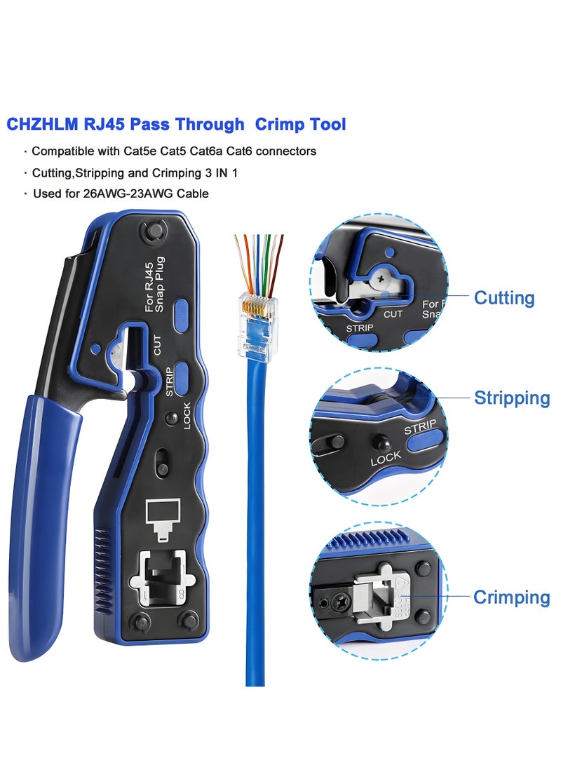 RJ45 Crimping Tool Kit Pass Through Crimper Stripper Cutter All-in-One for Cat5 Cat6 Pass Through Connector with Cable Tester 30Pcs Connectors 30Pcs Covers Mini Stripper - Image 2