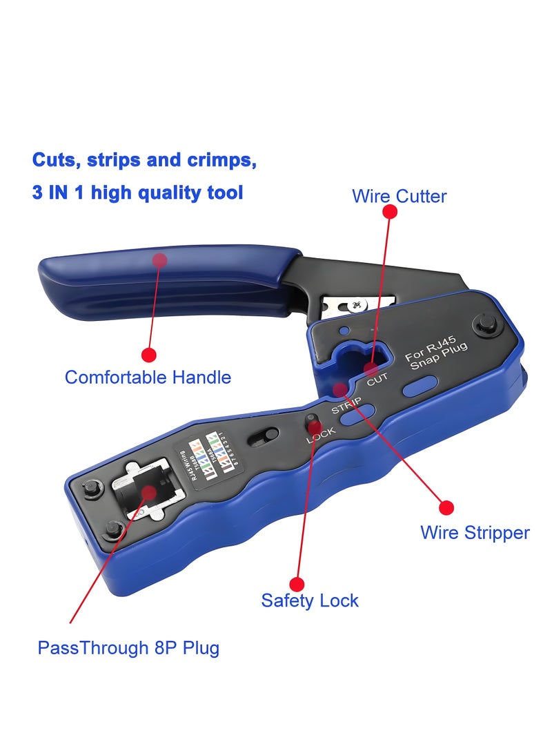 RJ45 Crimping Tool Kit Pass Through Crimper Stripper Cutter All-in-One for Cat5 Cat6 Pass Through Connector with Cable Tester 30Pcs Connectors 30Pcs Covers Mini Stripper - Image 3