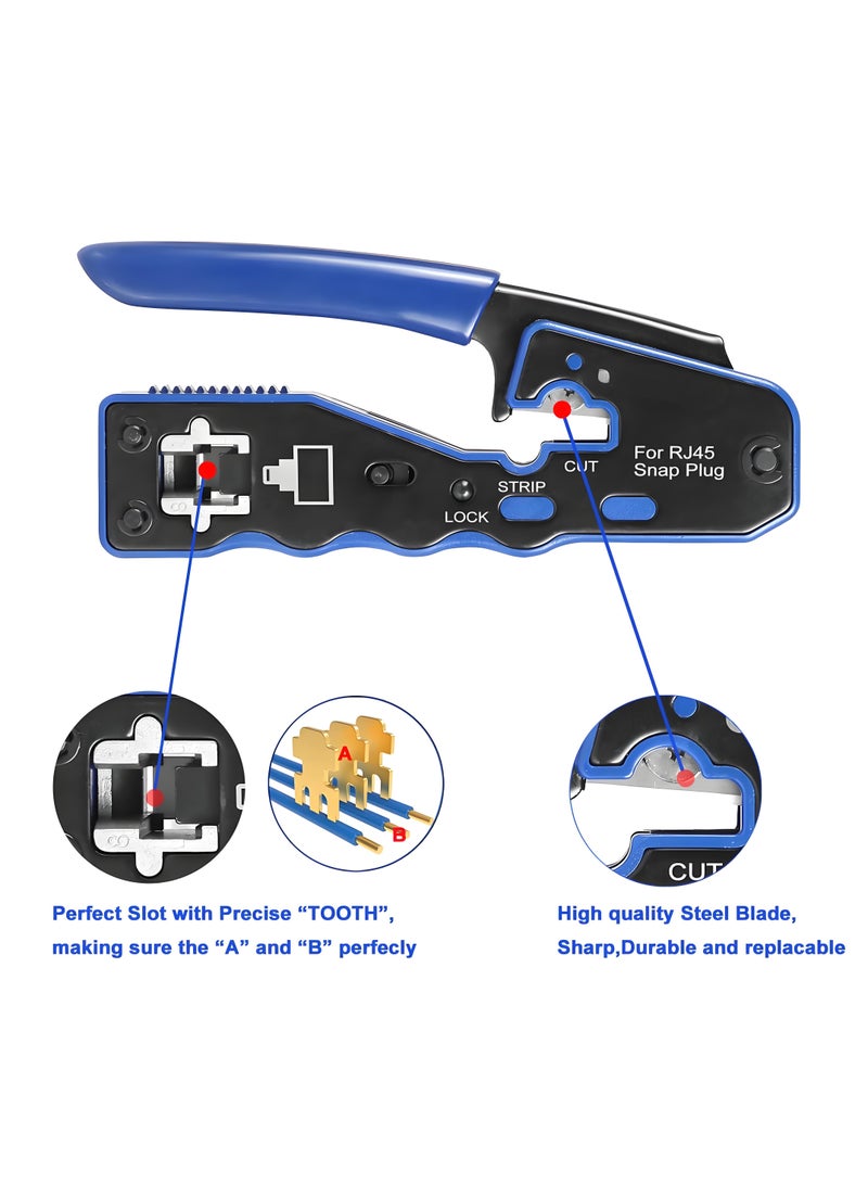 RJ45 Crimping Tool Kit Pass Through Crimper Stripper Cutter All-in-One for Cat5 Cat6 Pass Through Connector with Cable Tester 30Pcs Connectors 30Pcs Covers Mini Stripper - Image 4