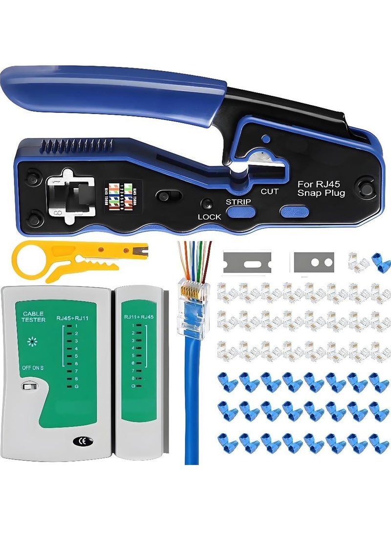 RJ45 Crimping Tool Kit Pass Through Crimper Stripper Cutter All-in-One for Cat5 Cat6 Pass Through Connector with Cable Tester 30Pcs Connectors 30Pcs Covers Mini Stripper - Image 1