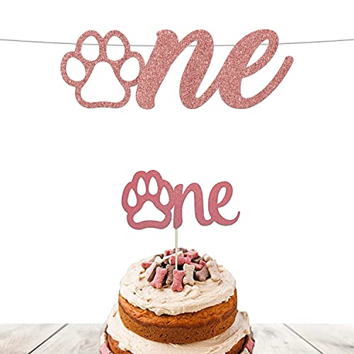 Festiko®Dog Theme Decoration, Rose Gold Glitter Dog 1st Birthday Decoration,Let’s Pawty, Puppy Party Supply for Pet Dog 4st Birthday Party Decorations Supplies Set (Banner&Cake Topper) - Image 1
