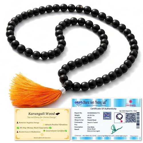 SRM's Divinely Divinely 100% Natural Unpolished Karungali Malai Original 6mm | Certified Elastic Thread Karungali Mala Original | Black Ebony Wood Necklace for Spiritual Growth & Meditation - Image 1