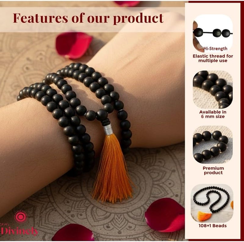 SRM's Divinely Divinely 100% Natural Unpolished Karungali Malai Original 6mm | Certified Elastic Thread Karungali Mala Original | Black Ebony Wood Necklace for Spiritual Growth & Meditation - Image 4