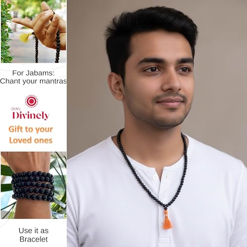 SRM's Divinely Divinely 100% Natural Unpolished Karungali Malai Original 6mm | Certified Elastic Thread Karungali Mala Original | Black Ebony Wood Necklace for Spiritual Growth & Meditation - Image 3