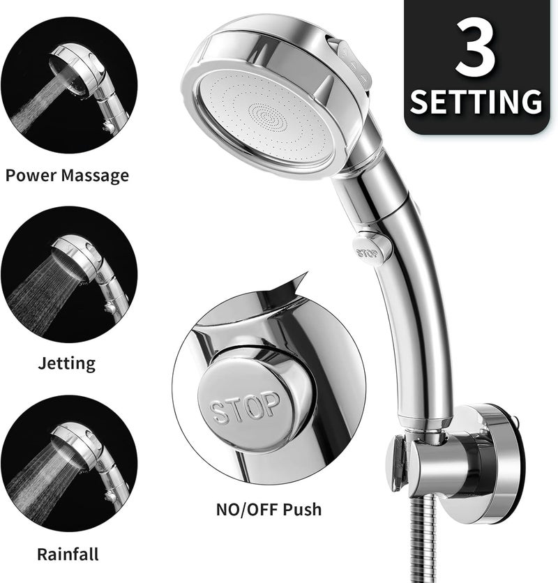 Marbrasse 3-Settings Handheld High Pressure Showerhead with ON/Off Full Shutoff Push Button,Water-saving Camping Shower with Adjustable Angle(Vacuum Suction Shower Head Holder+5 Feet Shower Hose) - Image 2